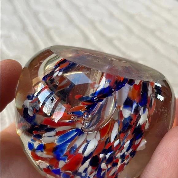 Abstract Glass Art Paperweight Sphere Dome- Red, Blue, and White flat bottom - Picture 8 of 12
